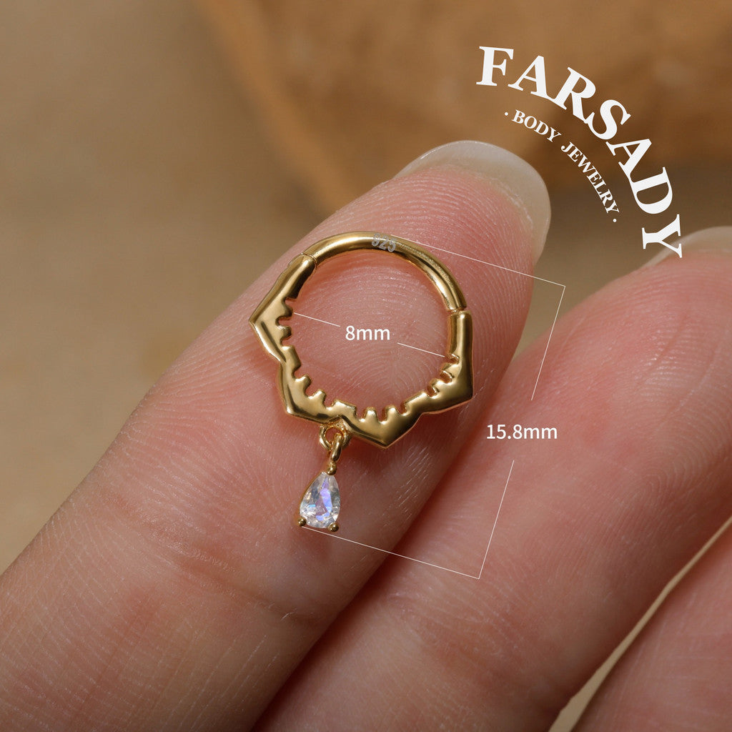 Sterling Silver Moonstone Dangle Flower Septum Ring/ 16G S925 Septum Piercing Jewelry/ 16G Daith Hoop Earring/8mm Helix Tragus Cartilage Hoop Earrings