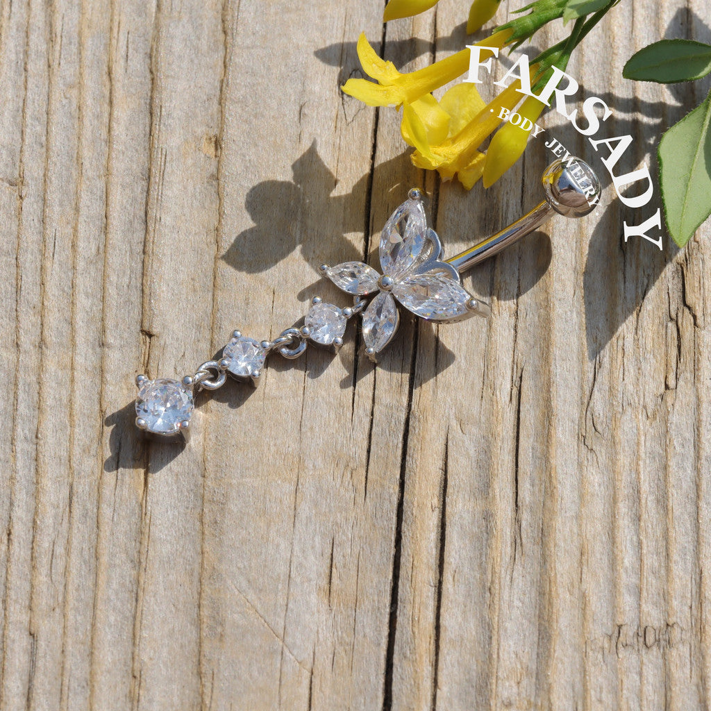 14G Sterling Silver Butterfly Dangle Belly Button Ring - Clear CZ 8mm to 12mm  Navel Body Piercing Jewelry - Non Healed Piercing Friendly Body Jewelry