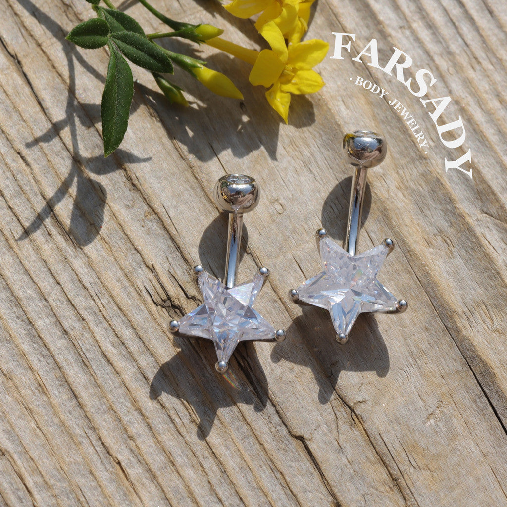 14G S925 Sterling Silver Star Clear CZ Belly Button Ring 6mm 8mm 10mm Navel Piercing Jewelry Easy Insert Non Healed Piercing Friendly Daily Wear Gift for Women
