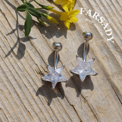 14G S925 Sterling Silver Star Clear CZ Belly Button Ring 6mm 8mm 10mm Navel Piercing Jewelry Easy Insert Non Healed Piercing Friendly Daily Wear Gift for Women