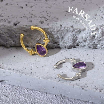 Amethyst Droplet Arc - 316L Fake Nose Ring C-Hoop Piercing / Fit Non-Pierced Septum Ring