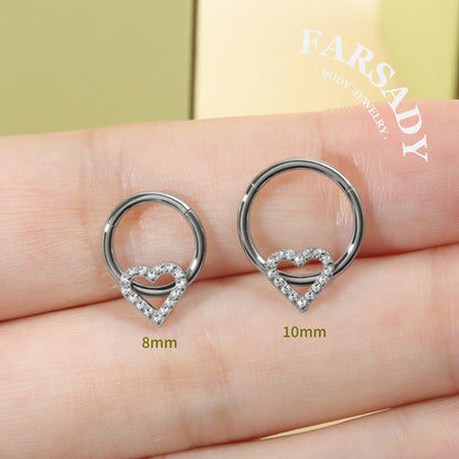 Hollow Heart - ASTM F136 Titanium Hinged Clicker Hoop / Fits 16G Septum Ring Helix Conch Cartilage Earring