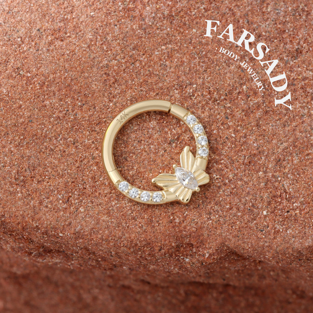 Butterfly Gleam - Solid 14K Gold Hinged Clicker Hoop / Fits 16G Septum Ring Helix Conch Cartilage Earring