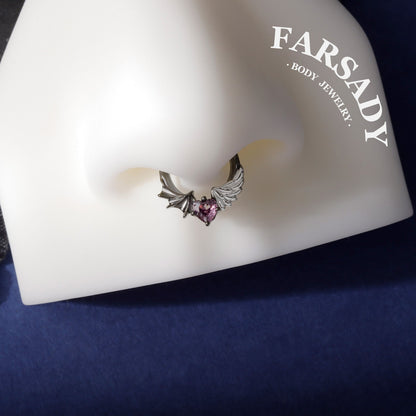 S925 Silver Purple CZ Heart Septum Ring 16G Angel Devil Design Hinged Daith Ear Hoop Gothic Style Body Piercing Jewelry