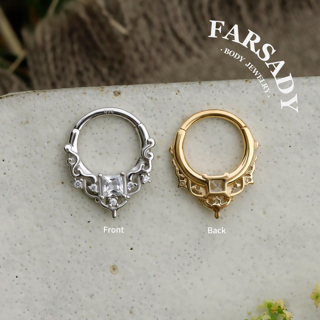 Byzantine Art Septum Ring Sterling Silver Plated 18k Gold/ 16G Hinged Septum Clicker/ 8mm Daith Hoop Earring/ Helix Tragus Piercing Jewelry