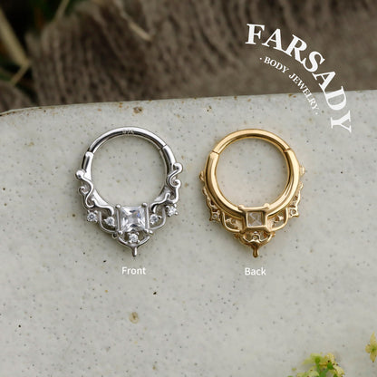 Byzantine Art Septum Ring Sterling Silver Plated 18k Gold/ 16G Hinged Septum Clicker/ 8mm Daith Hoop Earring/ Helix Tragus Piercing Jewelry