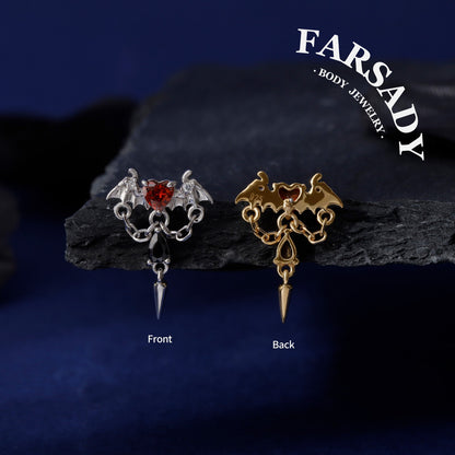 Vampire heart Threadless Push In Helix Earring Dangle| 18K Gold Plated Sterling Silver Flat Back Labret| Tragus Helix Conch Stud, Nose Stud