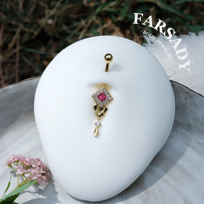14G Belly Button Ring – 925 Silver 18K Gold Plated| Pink CZ Amulet Belly Ring Dangle Bar| Hypoallergenic Navel Piercing Jewelry| Waterproof