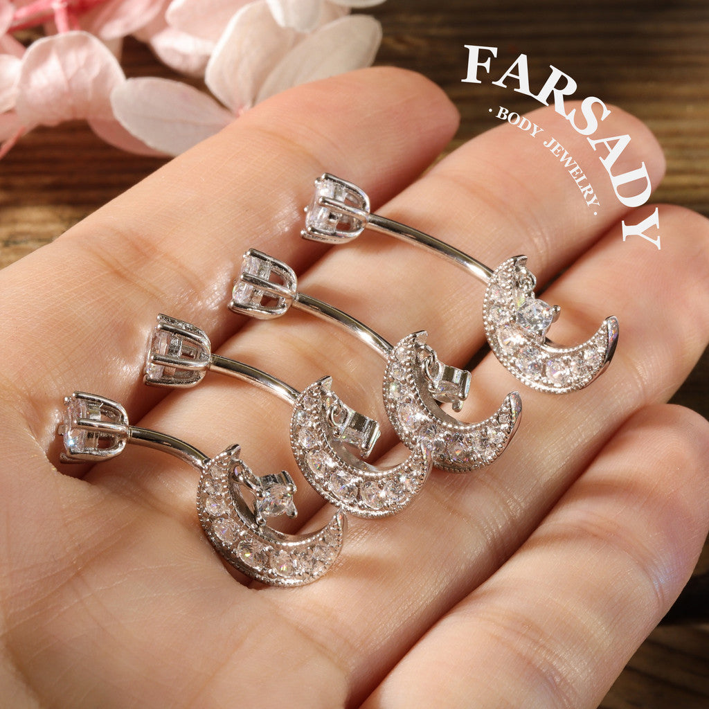 Lunar Whisper - 925 Silver Clear CZ Belly Button Ring / Fits 14G Navel Piercing