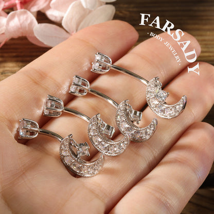 Lunar Whisper - 925 Silver Clear CZ Belly Button Ring / Fits 14G Navel Piercing