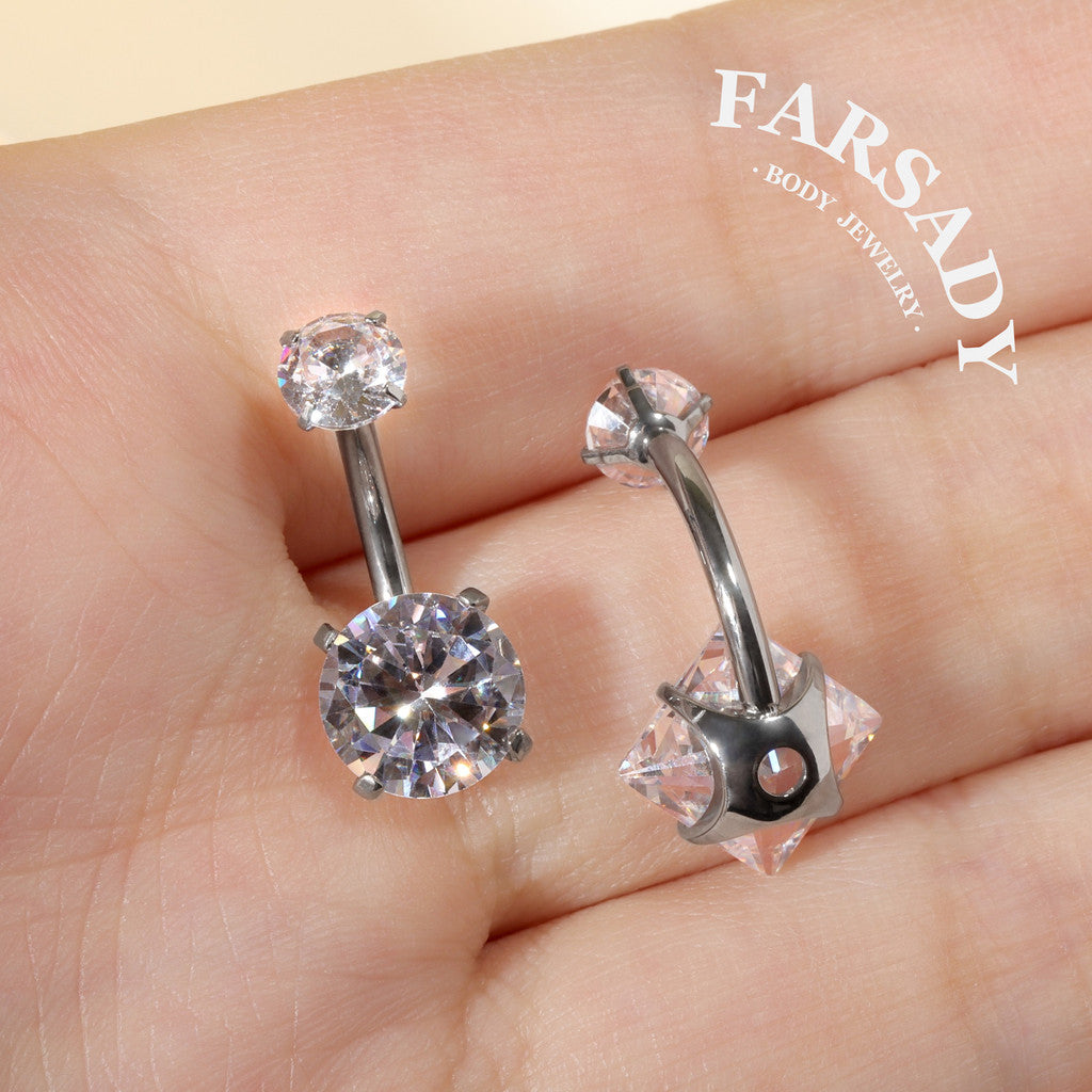 Square & Round Twin - F136 Titanium Internally Threaded Belly Button Ring / Fits 14G Navel Piercing