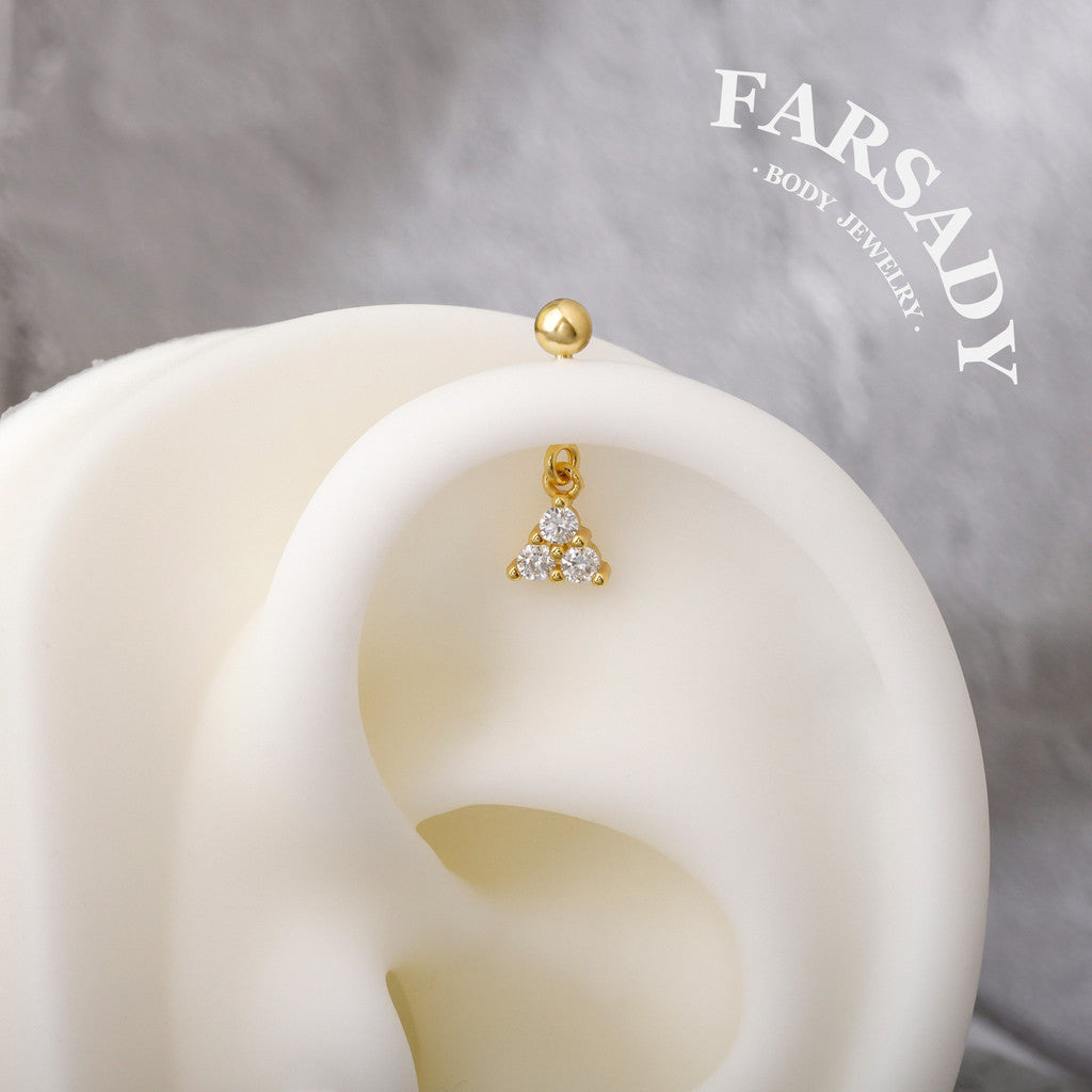 Triple Hover - 925 Silver Round CZ Dangle Stud / Fits Cartilage Helix Tragus Lobe Piercing