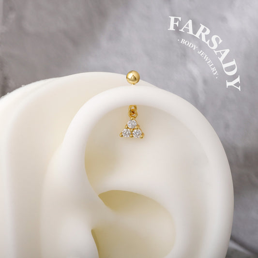 Triple Hover - 925 Silver Round CZ Dangle Stud / Fits Cartilage Helix Tragus Lobe Piercing