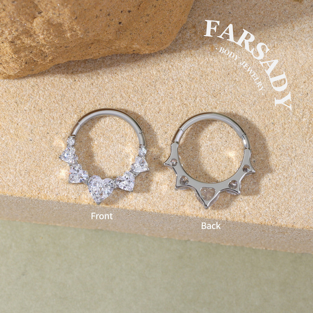 16G Titanium 5 Heart CZ Septum Ring & Hoop Earring | Hinged Clicker for Daith, Helix and Tragus  | Elegant Sparkling CZ Piercing Jewelry in Silver & Gold, Daily Wear with Gift Box