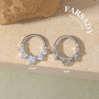 16G Titanium 5 Heart CZ Septum Ring & Hoop Earring | Hinged Clicker for Daith, Helix and Tragus  | Elegant Sparkling CZ Piercing Jewelry in Silver & Gold, Daily Wear with Gift Box