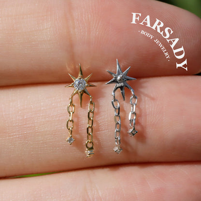 Sterling Silver Star Dangle Helix Earring • Threadless Push In Flat Piercing Jewelry •  S925 Tragus Conch Lobe Cartilage Jewelry • Titanium Back
