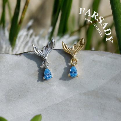 Mermaid Tail Flat Helix Dangle Stud: Blue Gem Tragus Helix Lobe Threadless Push In Cartilage Earring, 925 Silver Plated 18k Gold,Nickle-Free