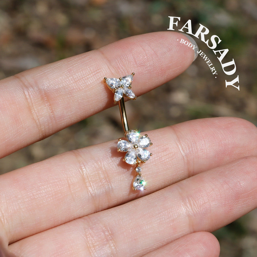 14G Belly Button Ring – 925 Silver 18K Gold Plated| Clear CZ Flower Butterfly Dangle Bar| Hypoallergenic Navel Piercing Jewelry| Waterproof
