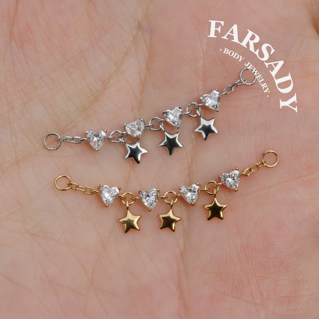 No Rules Star&Heart Chain Charm: Sterling Silver Helix Industril Conch Cartilage Wrap Chain, Dangle Nose Piercing DIY Chain Gold, 25mm 35mm