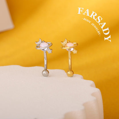 16G Planet Curved Barbell, Silver 8mm Eyebrow Piercings Barbell, Star Moon Rook Earring, 8mm Crystal ball Rook Barbell