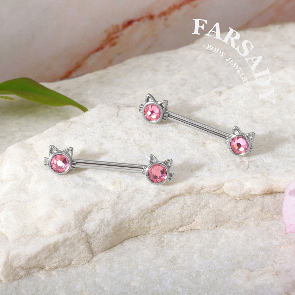 Pink Eyed Cat - 2PCS Pink CZ Straight Barbell / Fits 16G Chest Piercing Nose Bridge