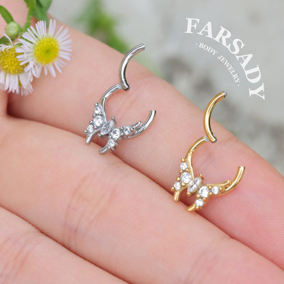 Fairy Wing - CZ Hinged Clicker Hoop / Fits 16G Septum Ring Helix Conch Cartilage Earring