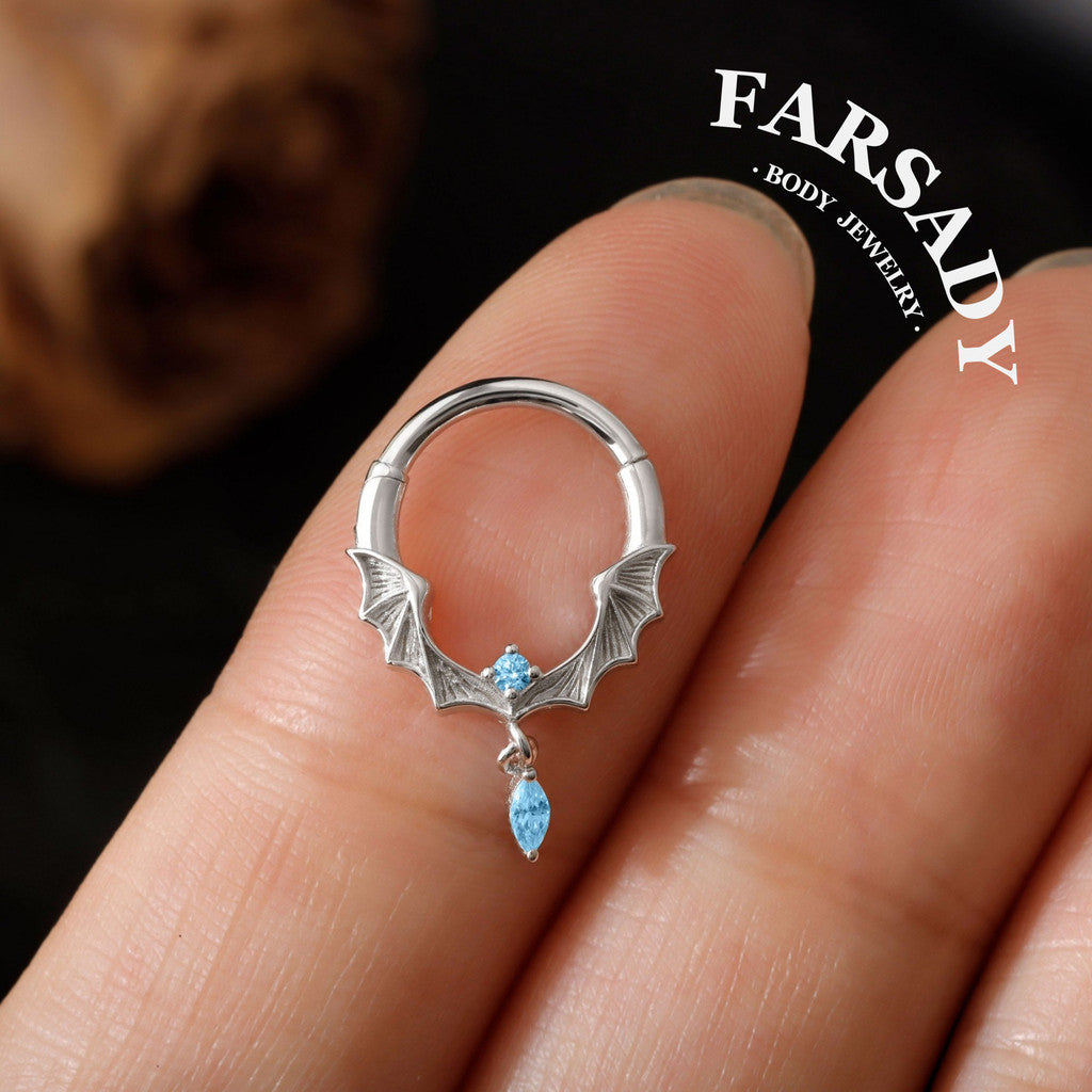 Frost Batwing - 925 Silver Hinged Clicker Hoop / Fits 16G Septum Ring Helix Conch Daith Earring