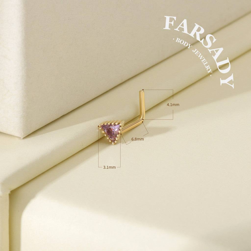 Minimal Triangle Amethyst CZ - Solid 14K Gold L-Shape Stud / Fit 20G Nostril Piercing