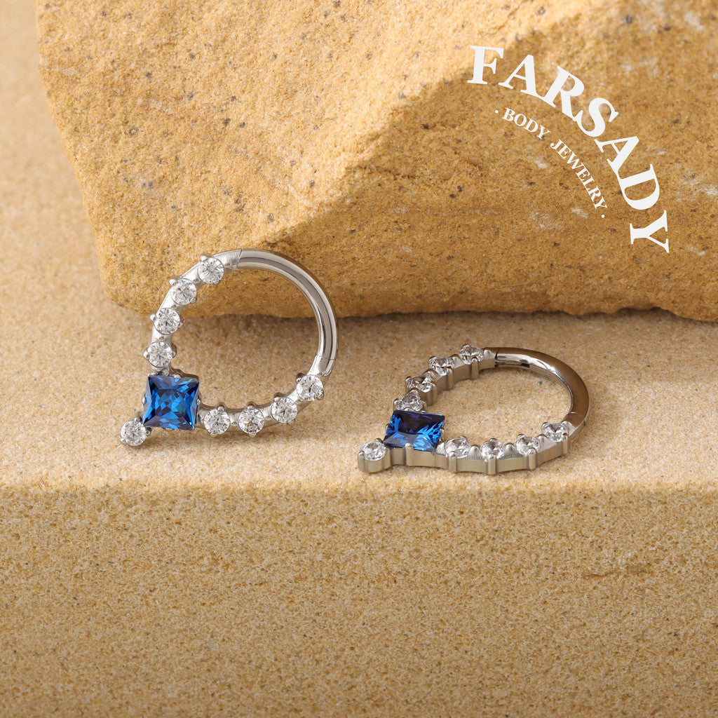 Sapphire Drop - F136 Titanium Hinged Clicker Hoop / Fits 16G Septum Ring Helix Conch Cartilage Earring