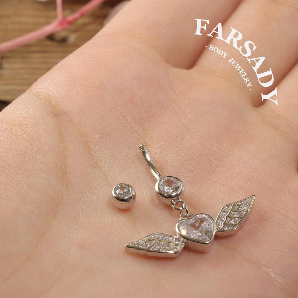 Winged Heart Drift - 925 Silver Clear CZ Belly Button Ring / Fits 14G Navel Piercing