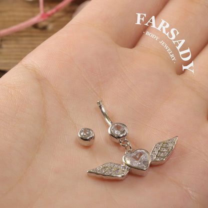 Winged Heart Drift - 925 Silver Clear CZ Belly Button Ring / Fits 14G Navel Piercing