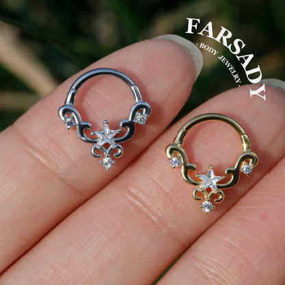 Sterling Silver Star-Shape CZ Septum Ring: S925 Plated 18K Gold, Alt Fashion Daith Earring, Sharp Spike Helix Tragus Conch Hoop Jewelry