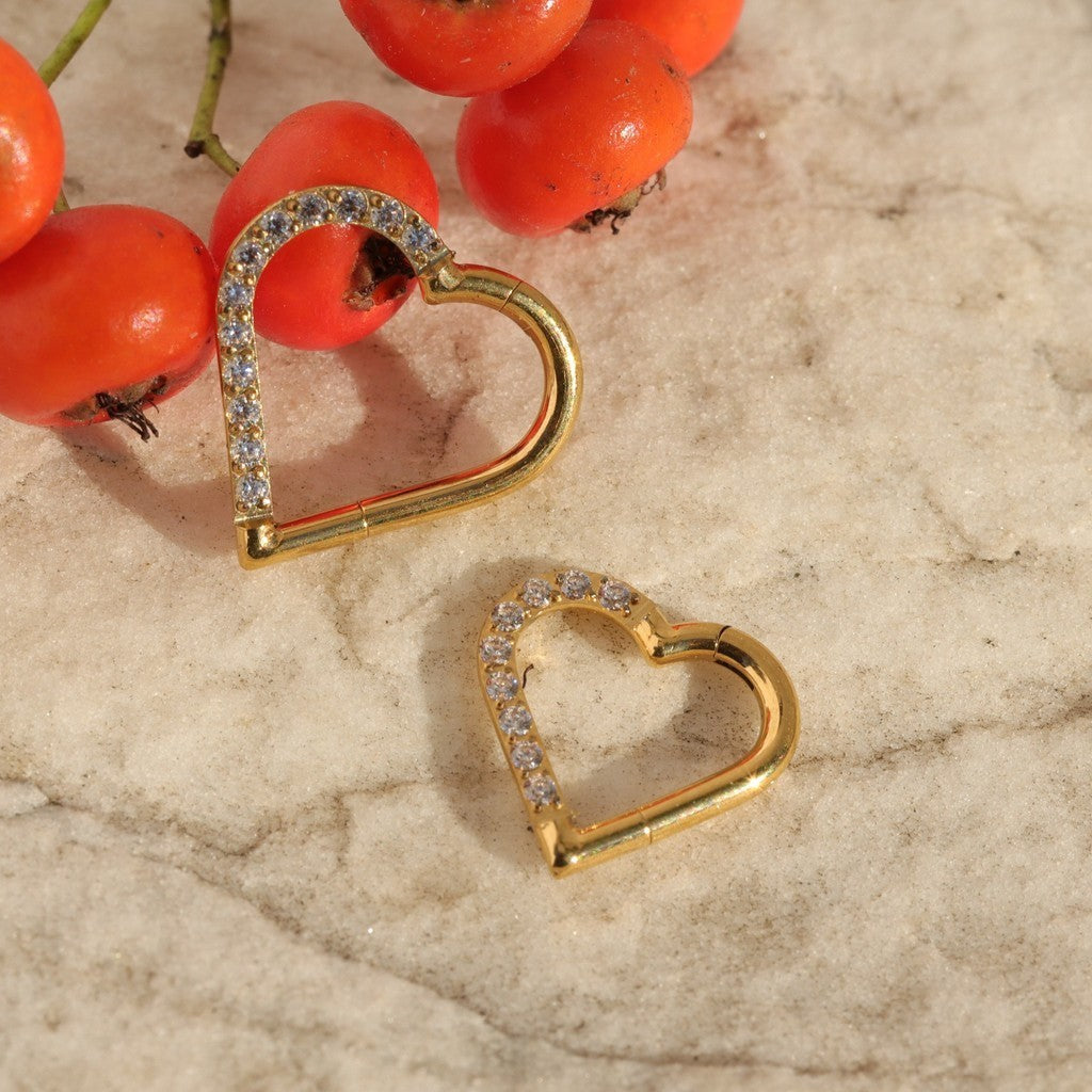 16G Titanium Heart CZ Daith Earring, 8mm Silver Helix Hoop Earring, Gold Cartilage Ring Clicker, Hinged  Left Right Ear Piercing