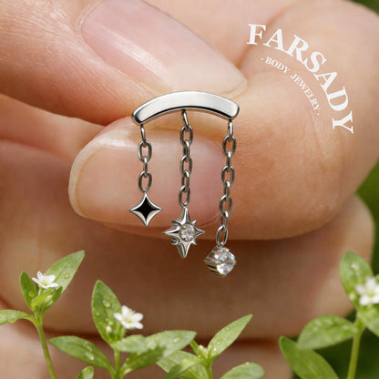 Triple Star Dangle Hidden Helix Threadless Earring, Implant Grade Push-in Stud, Flat Back Floating Helix Piercing Jewelry, 16G/18G/20G