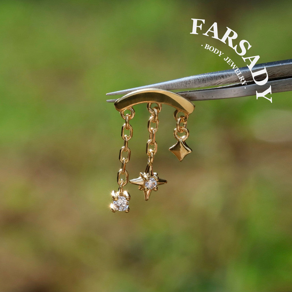 Designed for vertical helix piercings/ 925 Silver Helix Chain Earring 18K Plated/ Star Dangle Earring/ Threadless Push In Hidden Rook Stud