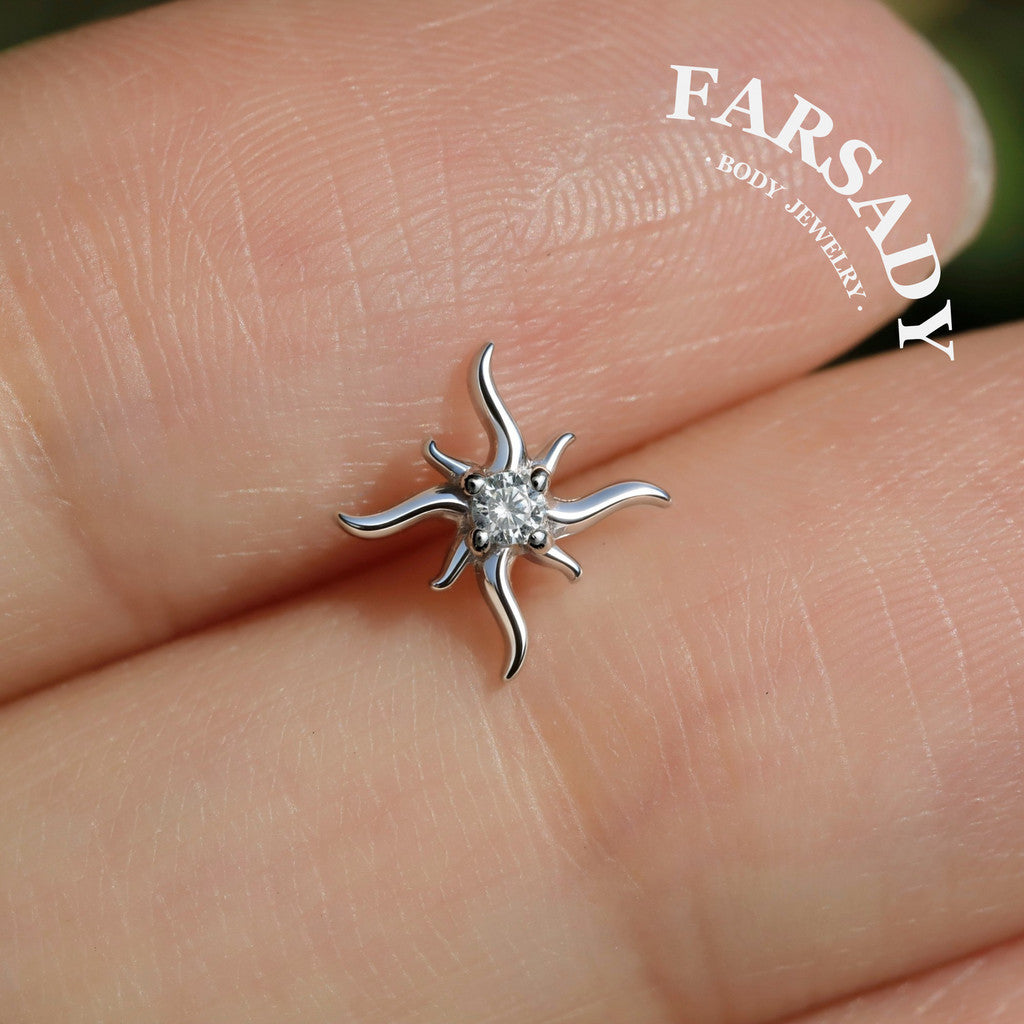 Sterling Silver Mini Sun Threadless Push In Tragus Stud,  S925 Cartilage Stud, Flat Back Titanium Post, Design Flower Helix/ Lobe/ Lip Earring