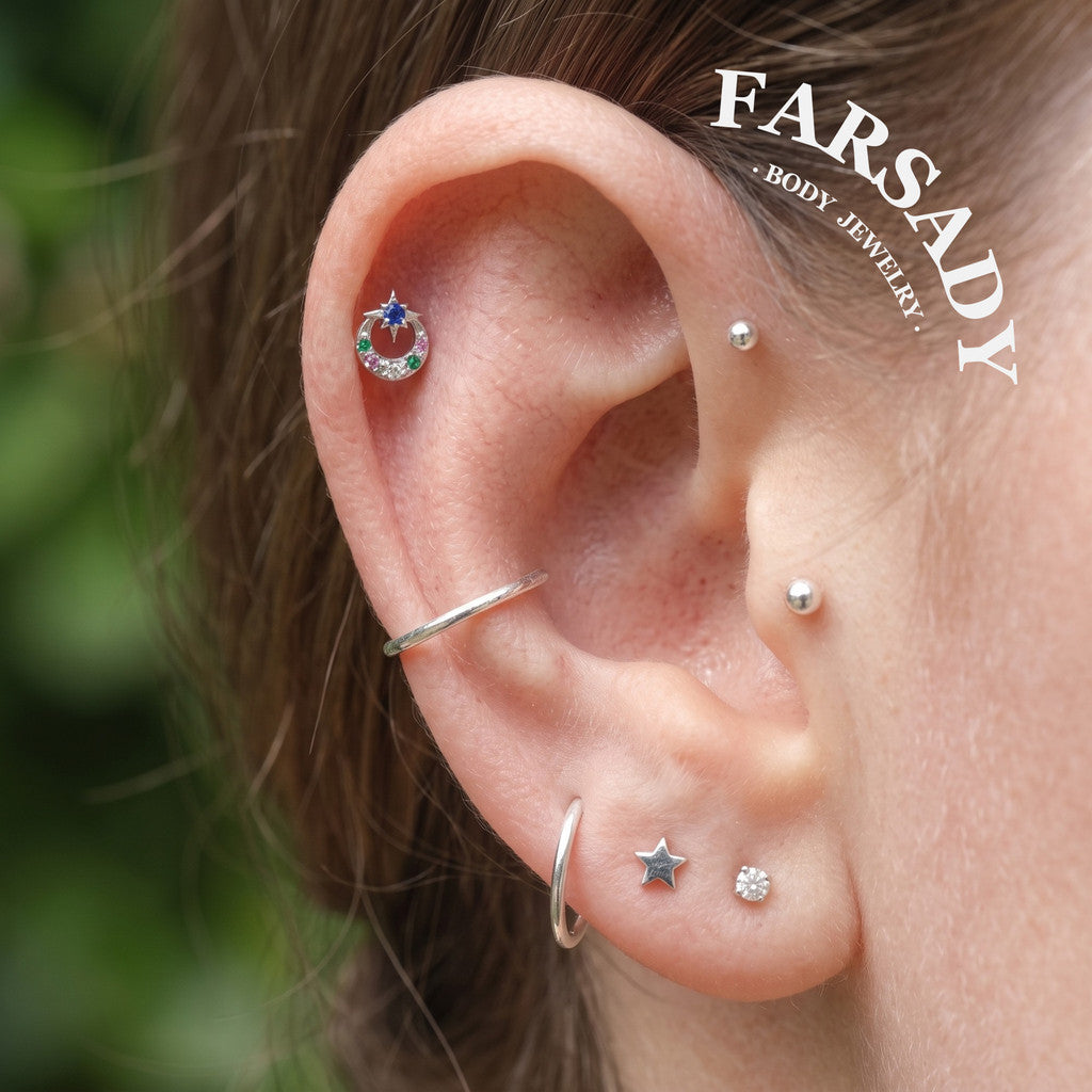 Stellar Halo - 925 Silver Threadless Stud / Fits Cartilage Helix Tragus Lobe Piercing