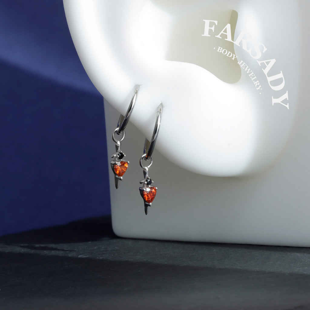 Crimson Blade Talisman - 925 Sterling Silver Red CZ Heart Dangle Charm / Interchangeable Hoop Earring Pendant for Helix Daith Cartilage Piercing