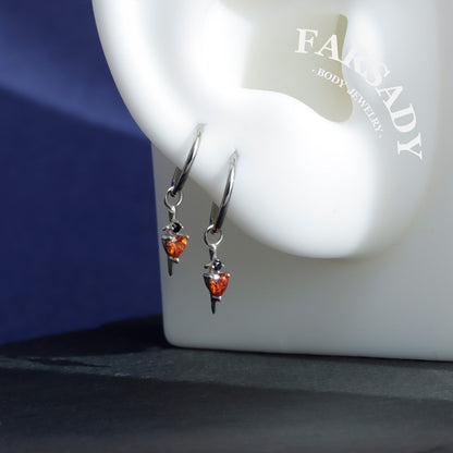Crimson Blade Talisman - 925 Sterling Silver Red CZ Heart Dangle Charm / Interchangeable Hoop Earring Pendant for Helix Daith Cartilage Piercing