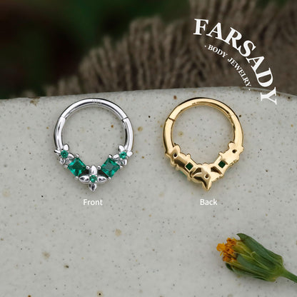 Sterling Silver Flower Green Zircon Daith Hoop Earrings Handmade Daith Piercing Jewelry Hinged Septum Ring Unique Helix Tragus Lobe Cartilage Earrings Daily Wear Gift for Her