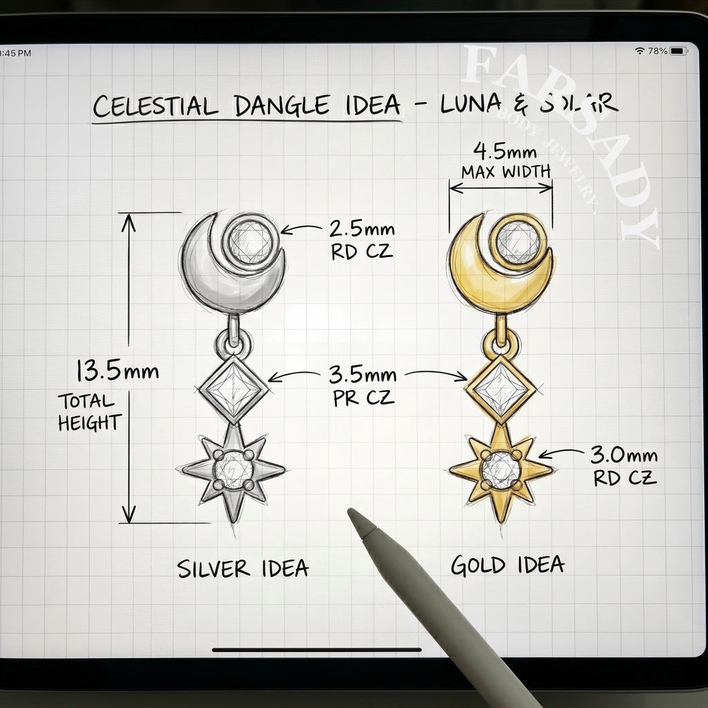 Luna Flare Dangle Threadless Push In Helix Stud, Sterling Silver Cartilage Stud, Flat Back Titanium Post, Design Satr Tragus/ Lobe Earring