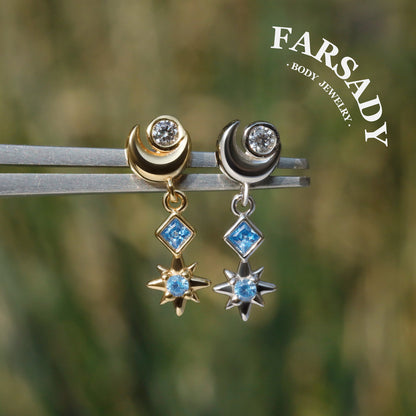 Luna Flare Dangle Threadless Push In Helix Stud, Sterling Silver Cartilage Stud, Flat Back Titanium Post, Design Satr Tragus/ Lobe Earring