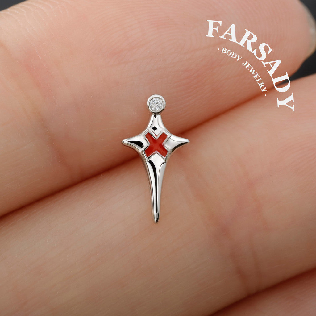 Sterling Silver Red X Threadless Labret, F136 Titanium Push Pin Stud, 925 Silver Gothic Earring, 16G 18G 20G Flat Back, Helix Tragus Conch Piercing Jewelry