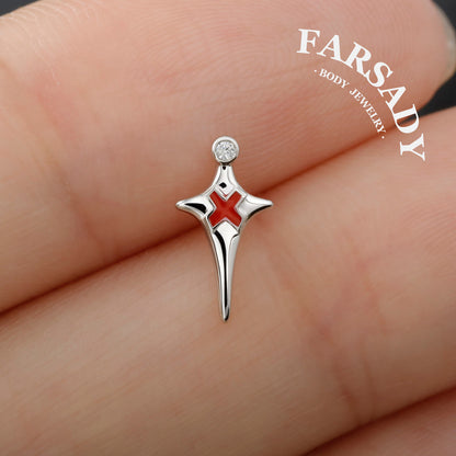 Sterling Silver Red X Threadless Labret, F136 Titanium Push Pin Stud, 925 Silver Gothic Earring, 16G 18G 20G Flat Back, Helix Tragus Conch Piercing Jewelry