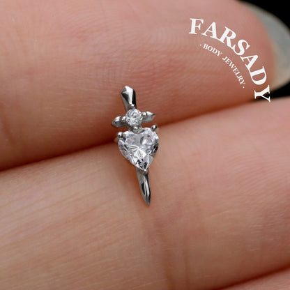 Valor Heart - Sterling Silver Push In Stud / Fits Cartilage Helix Tragus Lobe Earring  Nose Stud / Threadless Flat Back Piercing, Daily Wear Elegant Jewelry, Perfect for Gift