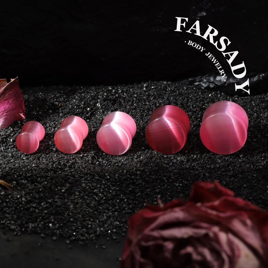 Pink Cat's Eye Stone Ear Plug Earrings 6mm-14mm Ear Gauges Stone Ear Stretchers Stretched Ears Lobe Piercing Body Jewelry