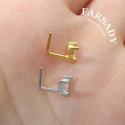 Twin Marquise Sprout - 925 Silver L-Shape Stud / Fit 20G Nose Ring
