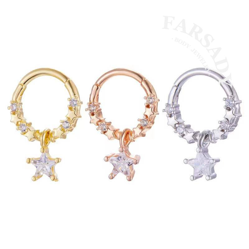 Star Chain - CZ Dangle Hinged Clicker Hoop / Fits 16G Septum Ring Helix Conch Cartilage Earring