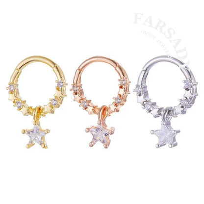 Star Chain - CZ Dangle Hinged Clicker Hoop / Fits 16G Septum Ring Helix Conch Cartilage Earring