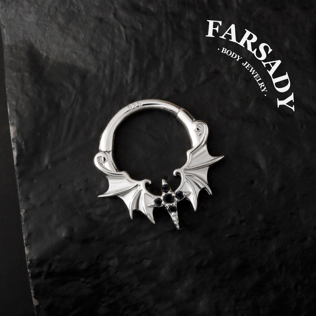 Obsidian Wing - 925 Silver CZ Hinged Clicker Hoop / Fits 16G Septum Ring Helix Conch Daith Earring